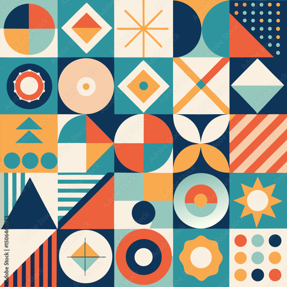 Poster Geometric pattern vector background with Scandinavian abstract color or Swiss geometry prints of rectangles, squares and circles shape design