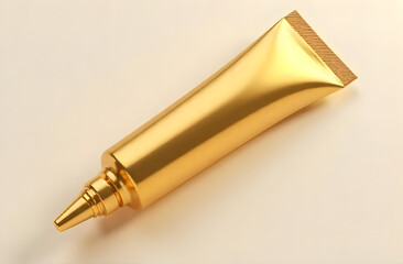 Golden cosmetic tube isolated on beige background