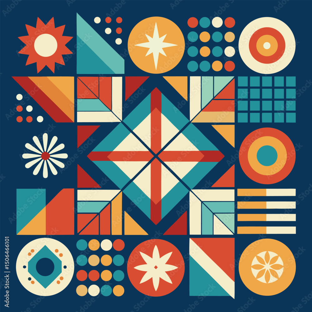 Poster Geometric pattern vector background with Scandinavian abstract color or Swiss geometry prints of rectangles, squares and circles shape design