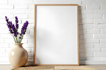 A vertical, empty picture frame stands against a neutral background, accompanied by delicate vase with fresh lavender sprigs. Perfect for themes home decor, interior design, artistic inspiration