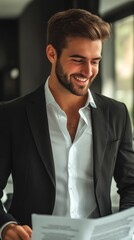 A stylish businessman with a sharp beard, wearing a crisp white shirt and black blazer, smiling while reviewing documents in a sleek workspace.
