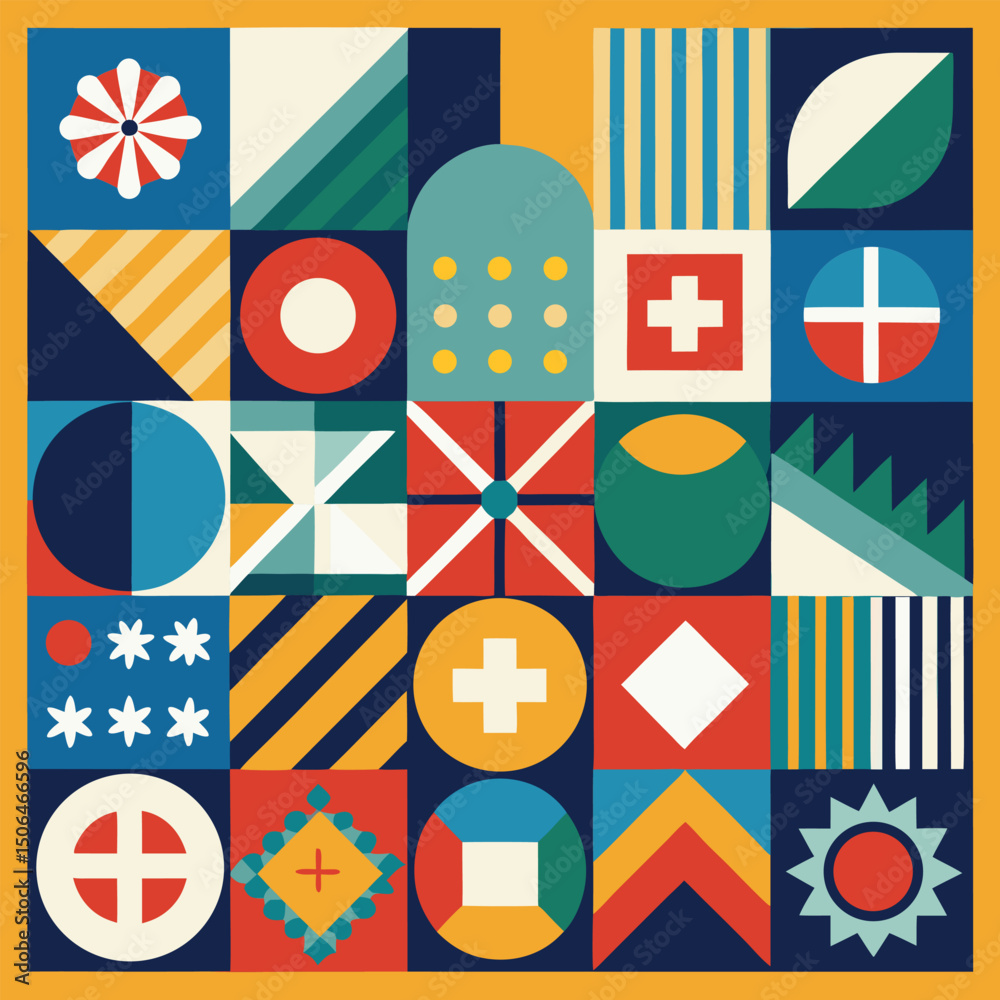 Poster Geometric pattern vector background with Scandinavian abstract color or Swiss geometry prints of rectangles, squares and circles shape design