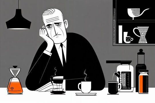 Un hombre con traje, con expresi&oacute;n de tristeza, frente a una mesa llena de utensilios para preparar caf&eacute;.