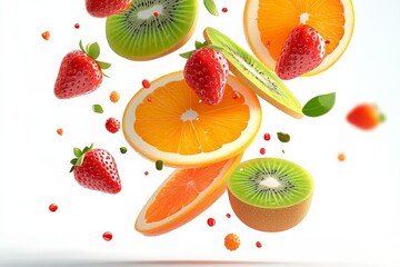Fruitful Cascade: Vivid slices of succulent strawberries, kiwi, and oranges, seemingly suspended mid-air, epitomize the essence of refreshing summer and culinary zest.