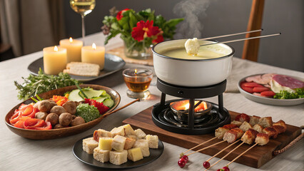 shows a table set for a fondue dinner, featuring a pot of cheese fondue with bread cubes and skewers, surrounded by plates of vegetables, bread, and a glass of wine, all set against a cozy, candlelit 