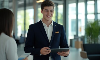 A young businessman in a navy blazer, standing in a modern office, holding a tablet and smiling while discussing with a coworker.
