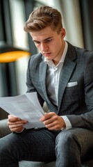 A young businessman in a tailored suit, sitting on a modern office couch, reviewing a document with a focused expression.