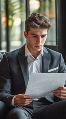 A young businessman in a tailored suit, sitting on a modern office couch, reviewing a document with a focused expression.