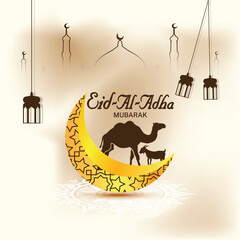 Eid Al Adha vector design. Islamic greetings festival. with golden moon, Islamic lantern, camel, mosque, sheep, got, and 3d background