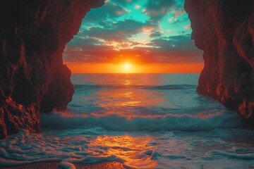Ocean sunset viewed from cave, waves crashing