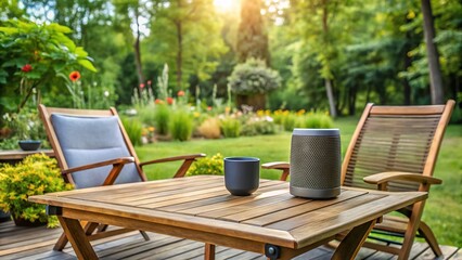 Fototapeta premium Outdoor Wooden Patio Furniture with Bluetooth Speaker and Garden View