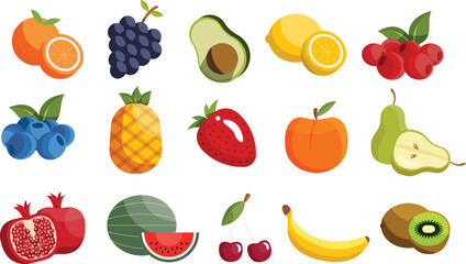 Colorful fruits and berries set. Trendy abstract minimal style. Natural tropical fruits. Fig, cherry, apple, peach, lemon, banana, avocado, pomegranate, pineapple, melon. Vector illustration.