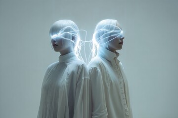Dos figuras vestidas de blanco, conectadas por filamentos de luz azul, en un fondo verde pálido.