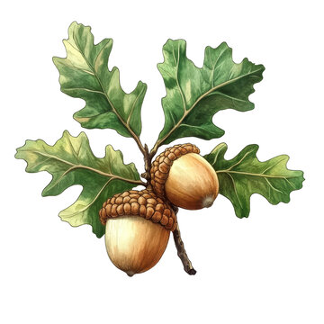 Detailed illustration of oak leaf and acorn nut plant showcasing white oak characteristics, Branch oak leaf acorn nut plant isolated oak