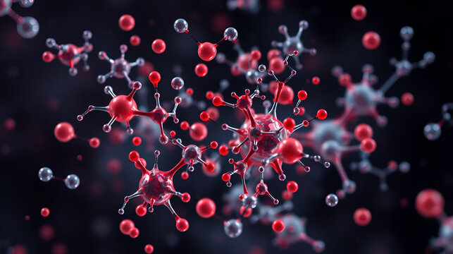 In the macro image of enzyme catalysis several molecules of different sizes and shapes can be seen darting rapidly around the area. The larger molecules are visibly