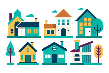 Fototapeta premium Colorful Cartoon Houses with Trees on a White Background