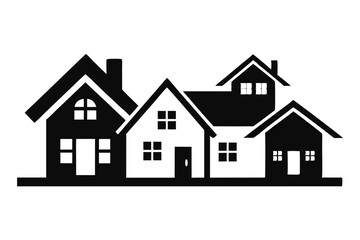 Black and White Illustration of Houses with Varied Roof Styles and Windows