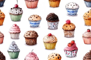 Una colección vibrante de cupcakes ilustrados con detalle, creando una escena festiva y apetitosa.