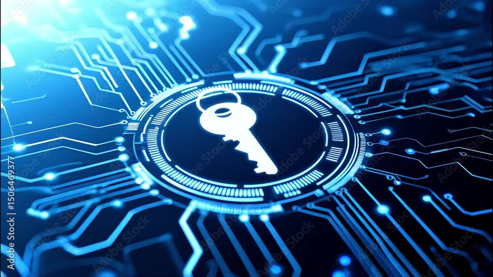 Poster digital key icon on circuit grid ensuring secure data transfer and connectivity