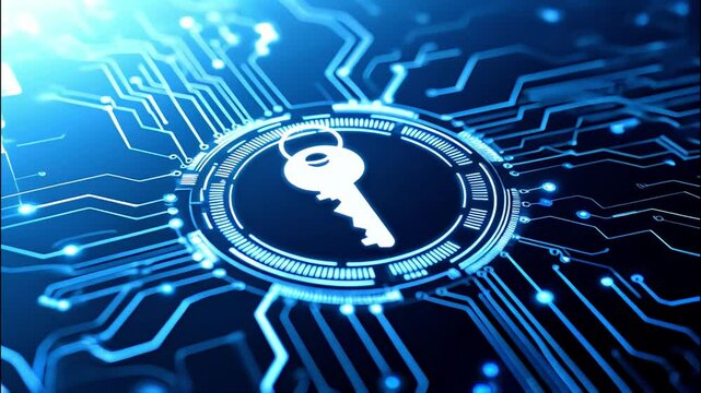 Digital Key Icon on Circuit Grid Ensuring Secure Data Transfer and Connectivity