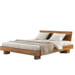 Modern platform bed features slats and two cozy pillows in a minimalist design, Modern Platform Bed with Slats and Two Pillows, Transparent background