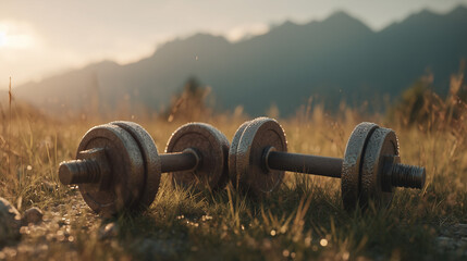 Dumbbells resting on grass in outdoor setting with mountains background