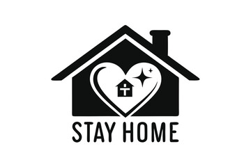 Stay Home Illustration with House Heart and Sparkles in Black and White