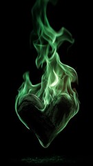 Una representación artística de un corazón formado por humo verde brillante contra un fondo negro.