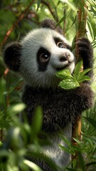 Fototapeta premium Un cachorro de panda asoma entre la espesura de bambú, con una expresión de curiosidad y ternura.