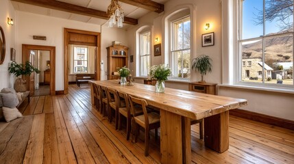 Long rustic wooden dining table in a historic building with large windows overlooking a scenic mountain view