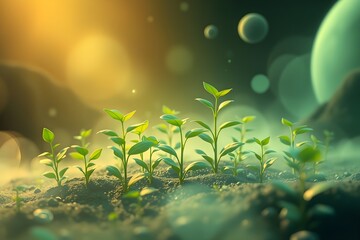 Young green plants sprout from soil, bathed in warm, golden sunlight. Bokeh circles and a dreamy atmosphere evoke growth and tranquility