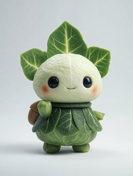 Una adorable criatura hecha de hojas y un bulbo blanco, con una expresi&oacute;n amigable y un peque&ntilde;o morral.
