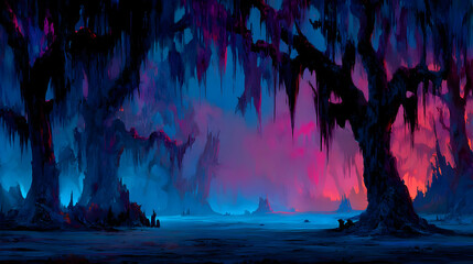 Fototapeta premium with radiant vines hanging from trees and fog swirling in neon light