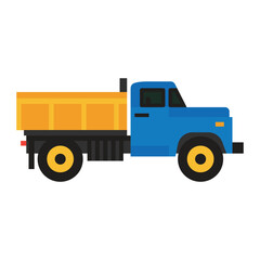 Dump truck, flat icon. Heavy construction vehicle in blue and yellow colors, side view. Infographic element for building, mining or industrial and logistics-themed illustrations.