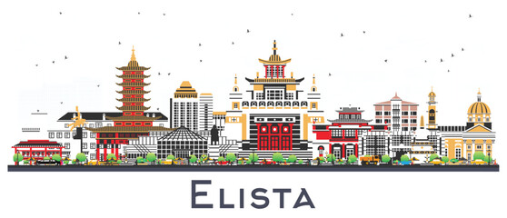 Elista Russia city skyline with color buildings isolated on white. Illustration. Elista cityscape with landmarks. Business travel and tourism concept with modern and historic architecture.