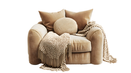 Beige single armchair with round pillow and blanket with isolated on a transparent  background  