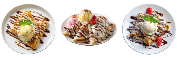 Set of Crepes with ice cream flavor on a white plate isolated on a transparent background