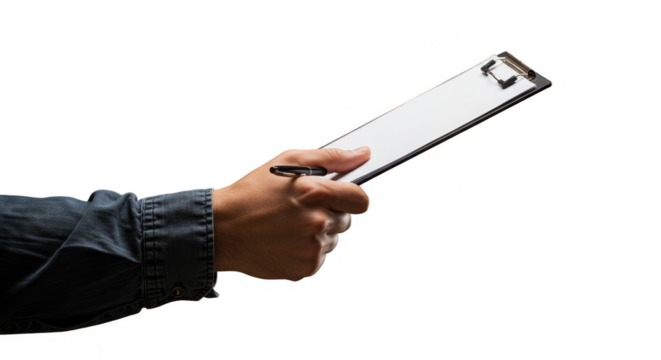 Isolated Photo of a Man Holding Clipboard and Pen Against Black Background