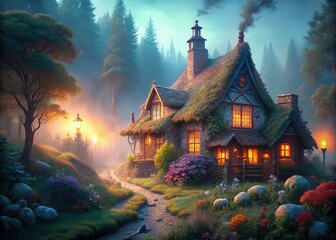 Fototapeta premium Misty Evening Cottage: Serene Countryside Retreat, Stone Path, Lush Landscaping, Glowing Windows