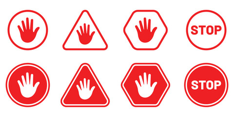 Stop hand icon set. Stop hand road sign symbol. Hand stop icon vector. Isolated on white background. EPS 10