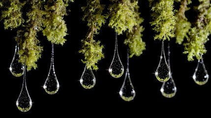 with radiant moss and glowing droplets suspended midair