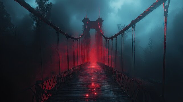 Mysterious, red-lit suspension bridge through a foggy, dark forest.