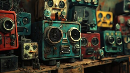 Fototapeta premium Colorful, quirky robots displayed on rustic wooden shelves.