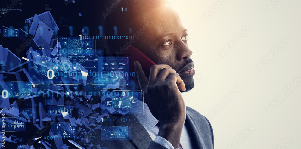 Poster collage of a man talking on a smartphone and digital technology. wide angle visual for banners or ad