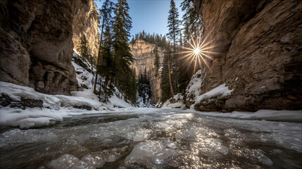 bridge stretching across a frozen canyon with glimmering details