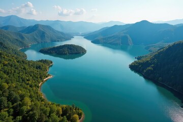 Irregular shaped lake with winding shoreline and islands, terrain, stream, brown