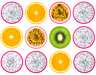 “A series of eight high-res PNGs of sliced fruits—dragon fruit, passionfruit, kiwi,