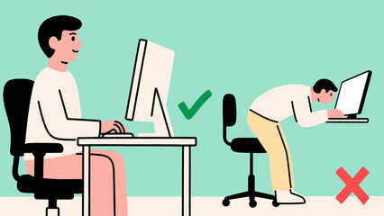 Indoor comparison chart, showing correct and incorrect office posture, representing the impact of office posture on spinal health, suitable for workplace health promotion.