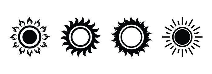 Sun icon set isolated on white background. Set of flat round sun icons with unique rays, designed for eco-product branding and solar power graphics.