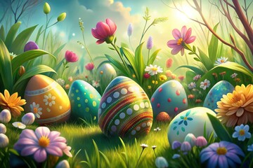 Panoramic Easter Eggs, Spring Flowers, Lush Greenery - Easter Celebration Photography